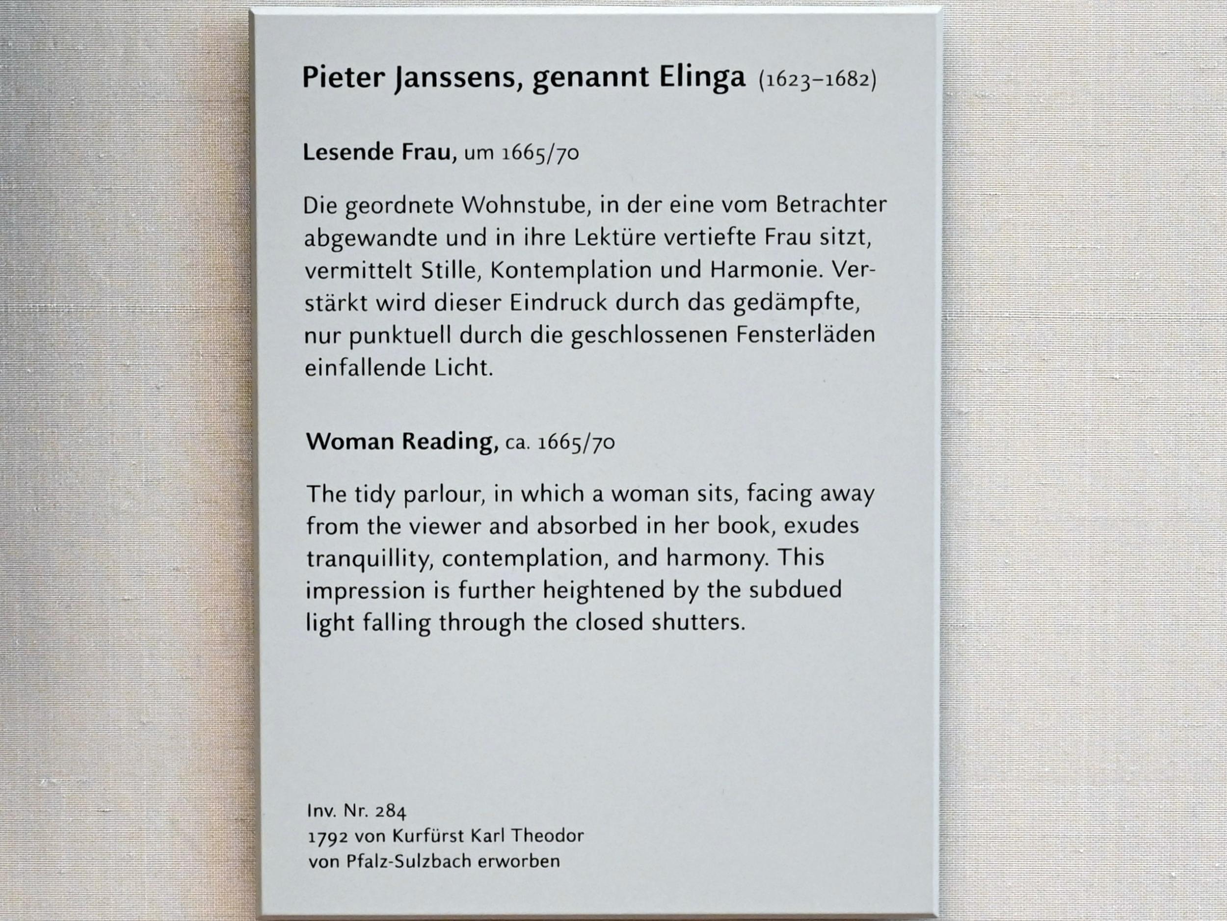 Pieter Janssens Elinga (1667), Lesende Frau, München, Alte Pinakothek, Obergeschoss Kabinett 19, um 1665–1670, Bild 2/2