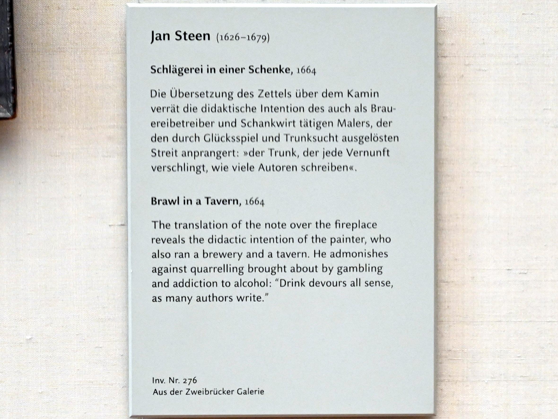 Jan Havickszoon Steen (1650–1678), Schlägerei in einer Schenke, München, Alte Pinakothek, Obergeschoss Kabinett 22, 1664, Bild 2/2