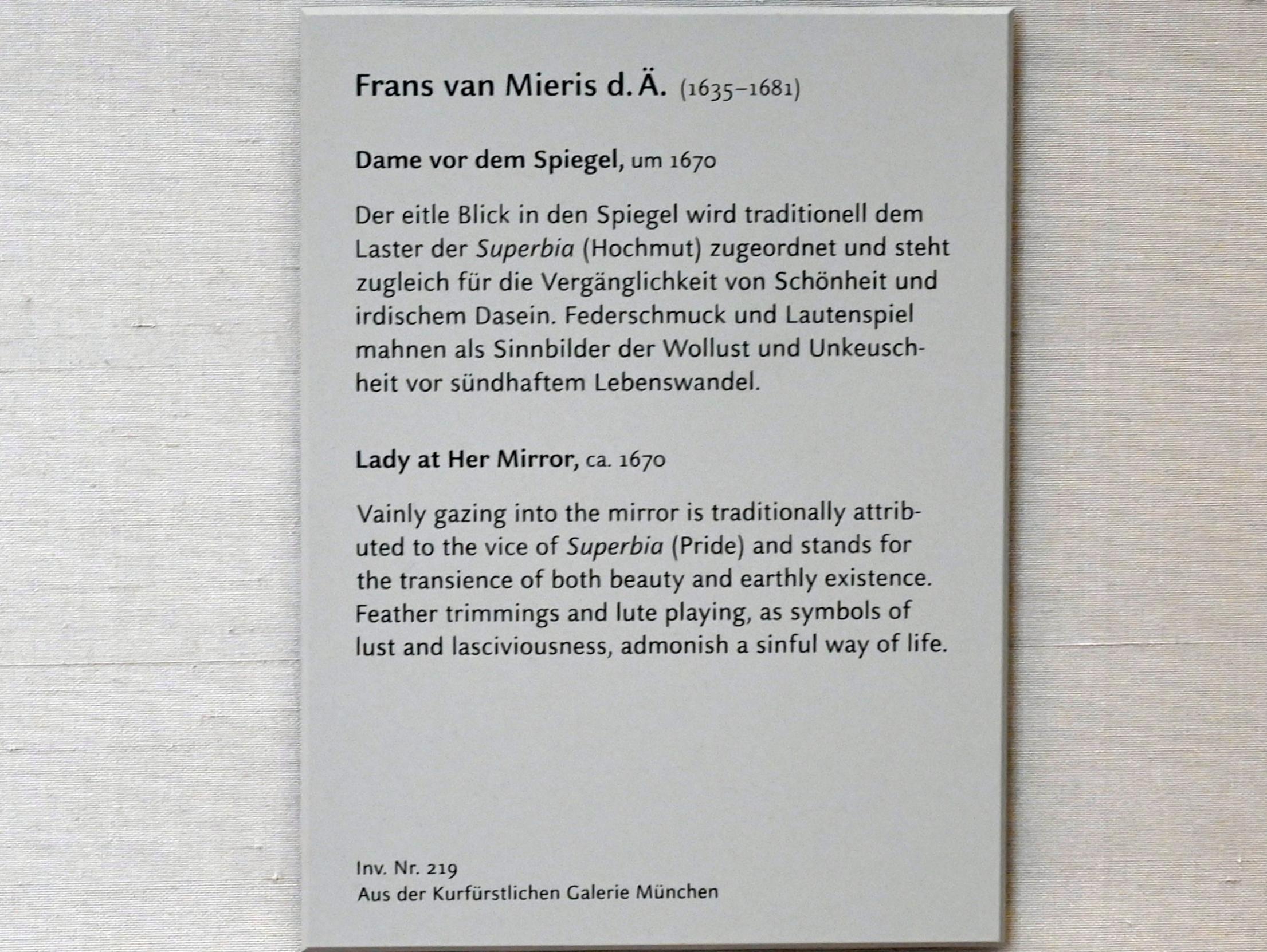 Frans van Mieris der Ältere (1657–1678), Dame vor dem Spiegel, München, Alte Pinakothek, Obergeschoss Kabinett 22, um 1670, Bild 2/2