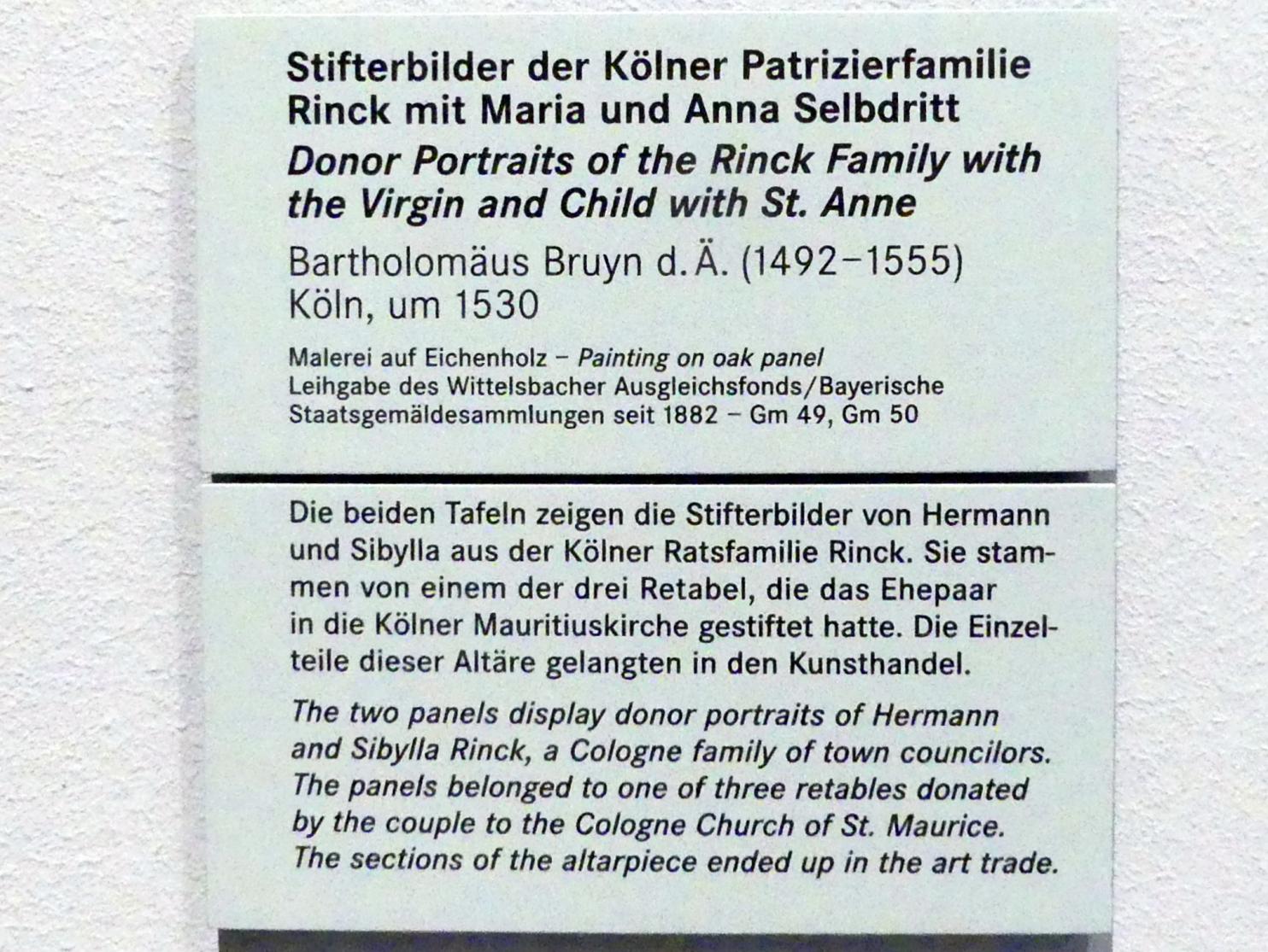 Bartholomäus Bruyn der Ältere (1513–1546), Stifterbild der Kölner Patrizierfamilie Rinck mit Maria, Köln, Pfarrkirche St. Mauritius, jetzt Nürnberg, Germanisches Nationalmuseum, Saal 106, um 1530, Bild 2/2