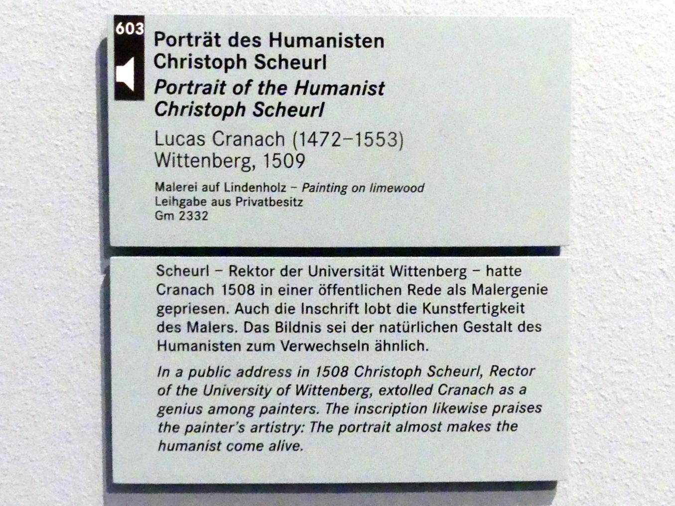 Lucas Cranach der Ältere (1502–1550), Porträt des Humanisten Christoph Scheurl, Nürnberg, Germanisches Nationalmuseum, Saal 107, 1509, Bild 2/2