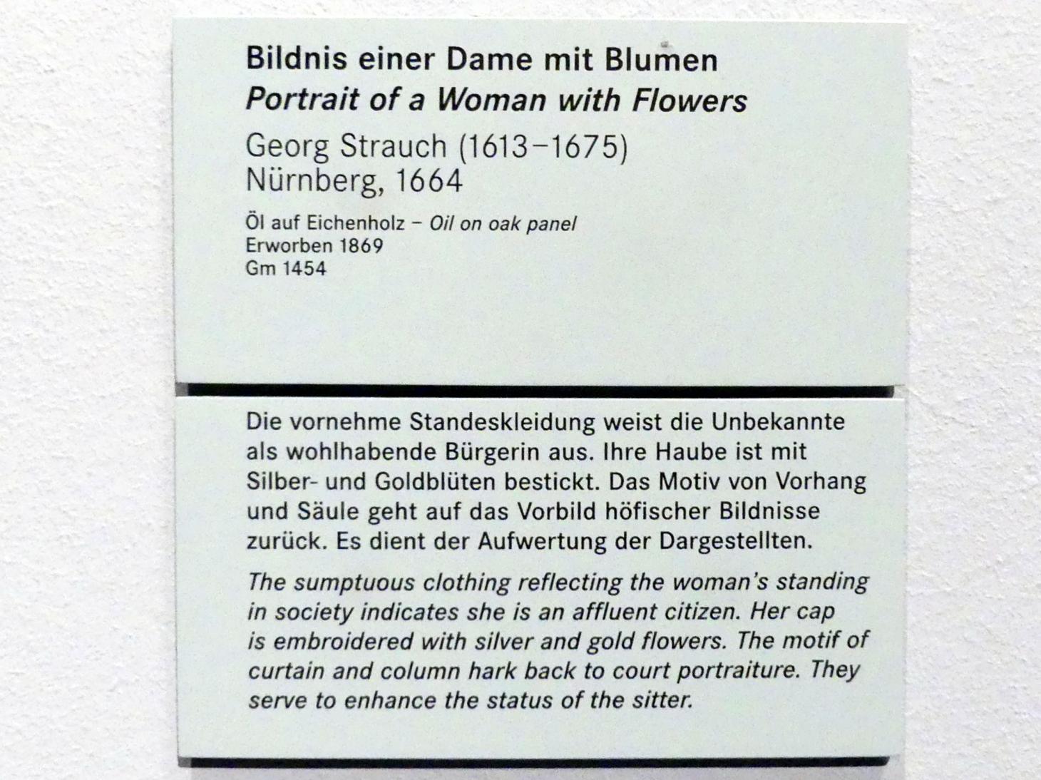 Georg Strauch (1655–1664), Bildnis einer Dame mit Blumen, Nürnberg, Germanisches Nationalmuseum, Saal 109, 1664, Bild 2/2