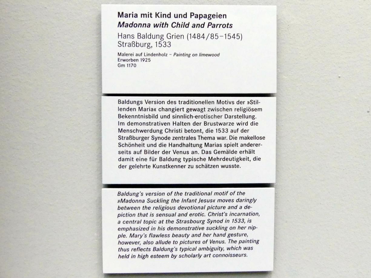 Hans Baldung Grien (1500–1544), Maria mit Kind und Papageien, Nürnberg, Germanisches Nationalmuseum, Saal 111, 1533, Bild 2/2