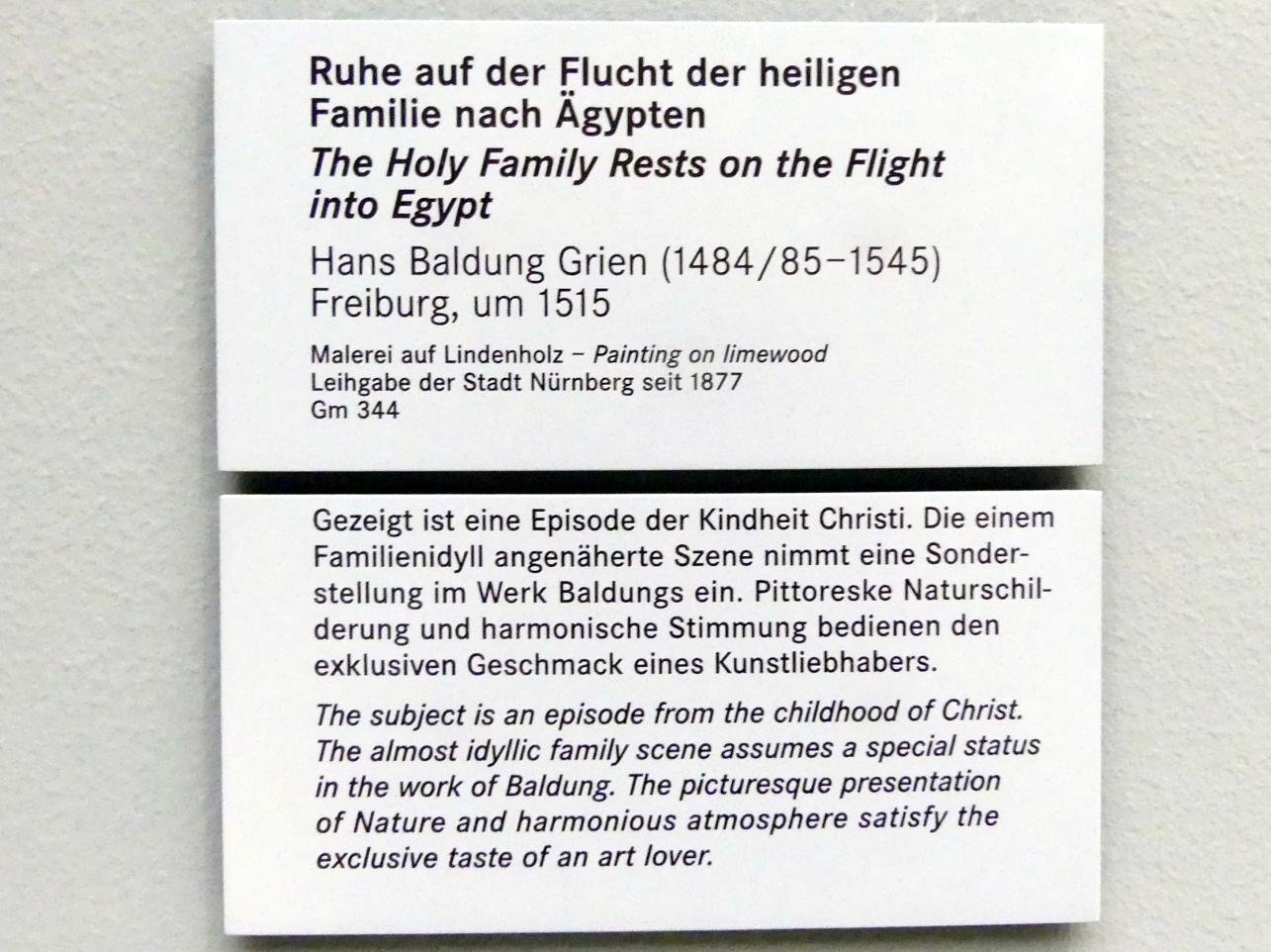 Hans Baldung Grien (1500–1544), Ruhe auf der Flucht der heiligen Familie nach Ägypten, Nürnberg, Germanisches Nationalmuseum, Saal 111, um 1515, Bild 2/2