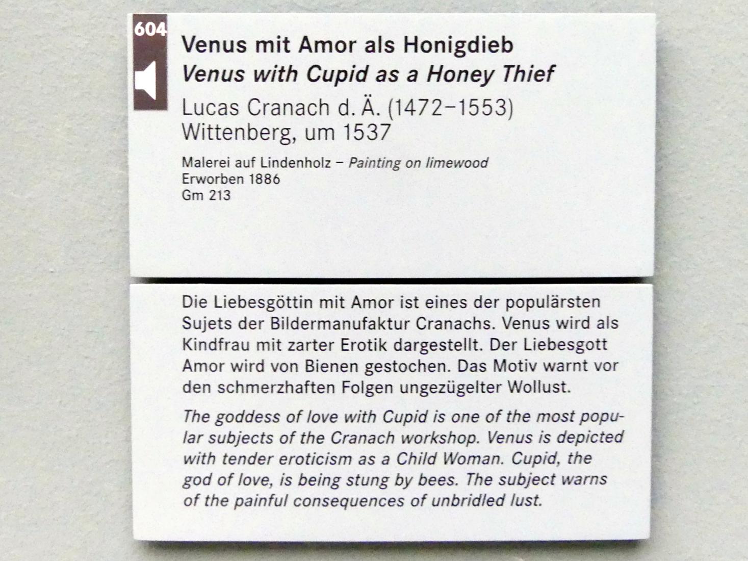 Lucas Cranach der Ältere (1502–1550), Venus mit Amor als Honigdieb, Nürnberg, Germanisches Nationalmuseum, Saal 111, um 1537, Bild 2/2