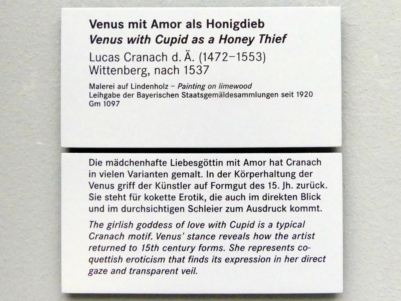 Lucas Cranach der Ältere (1502–1550), Venus mit Amor als Honigdieb, Nürnberg, Germanisches Nationalmuseum, Saal 111, nach 1537, Bild 2/2