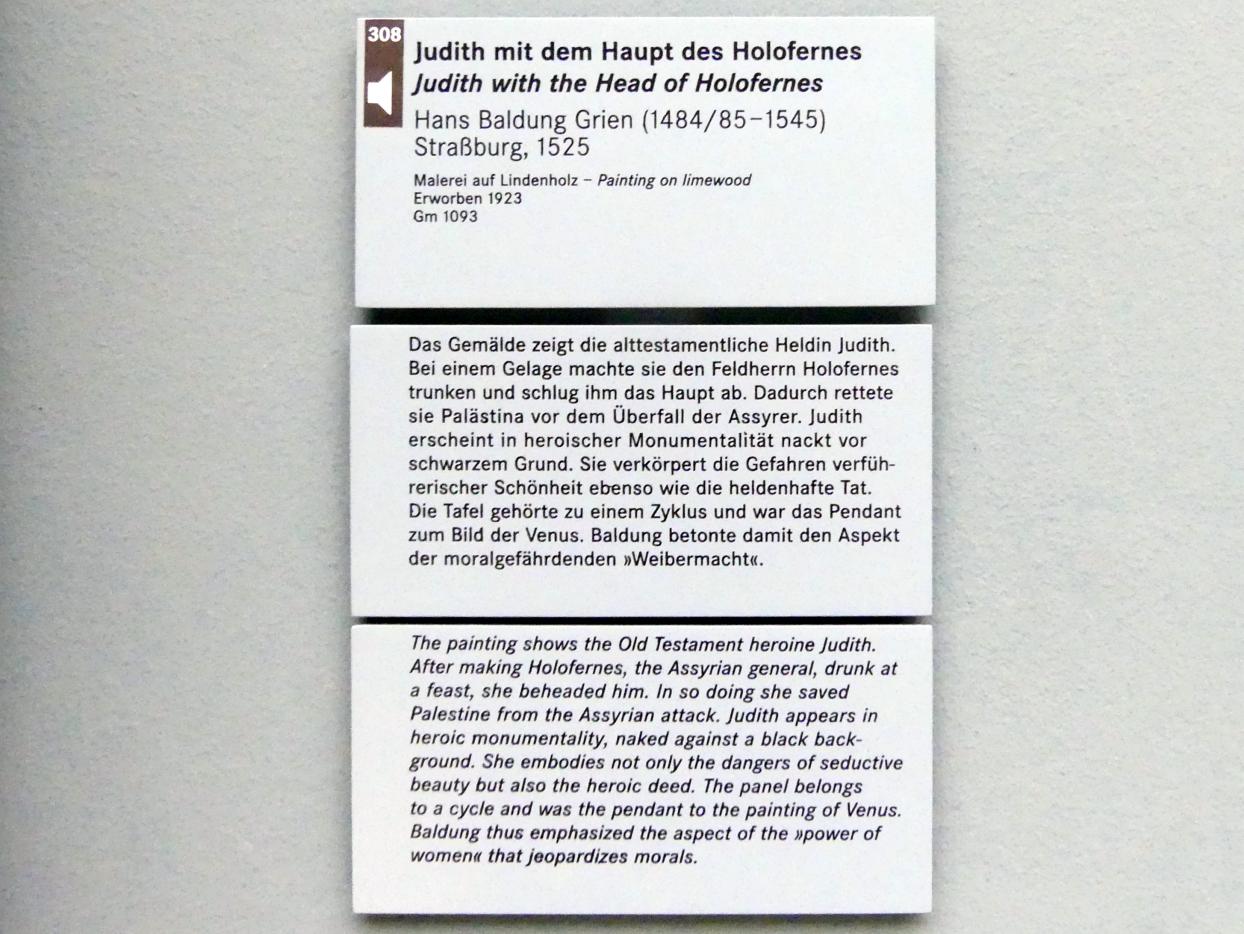 Hans Baldung Grien (1500–1544), Judith mit dem Haupt des Holofernes, Nürnberg, Germanisches Nationalmuseum, Saal 111, 1525, Bild 2/2