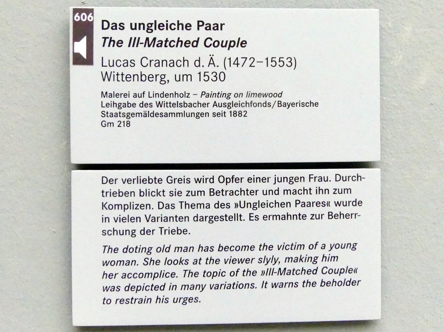 Lucas Cranach der Ältere (1502–1550), Das ungleiche Paar, Nürnberg, Germanisches Nationalmuseum, Saal 111, um 1530, Bild 2/2