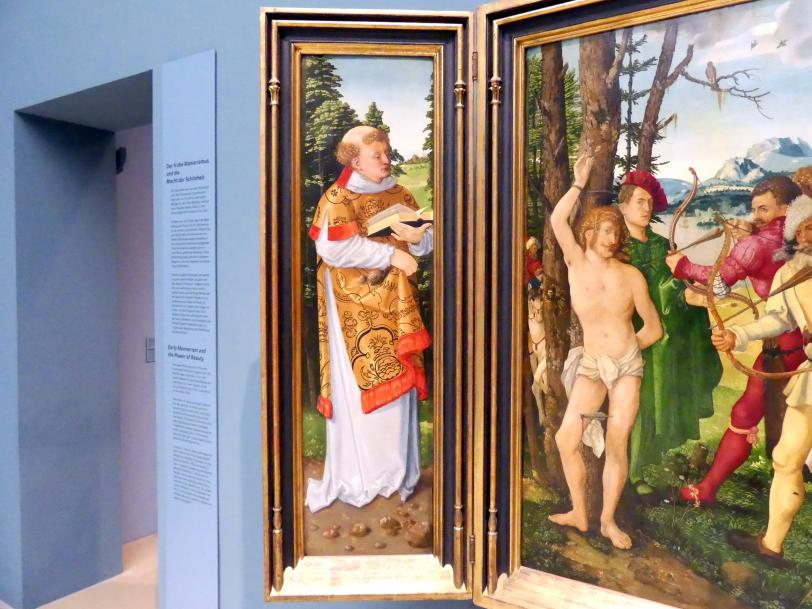 Hans Baldung Grien (1500–1544), Die Marter des hl. Sebastian mit hll. Stephanus, Christophorus, Apollonia und Dorothea, Halle (Saale), Moritzburg, jetzt Nürnberg, Germanisches Nationalmuseum, Saal 111, 1507, Bild 2/10