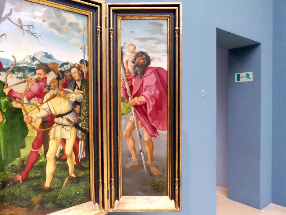 Hans Baldung Grien (1500–1544), Die Marter des hl. Sebastian mit hll. Stephanus, Christophorus, Apollonia und Dorothea, Halle (Saale), Moritzburg, jetzt Nürnberg, Germanisches Nationalmuseum, Saal 111, 1507, Bild 4/10