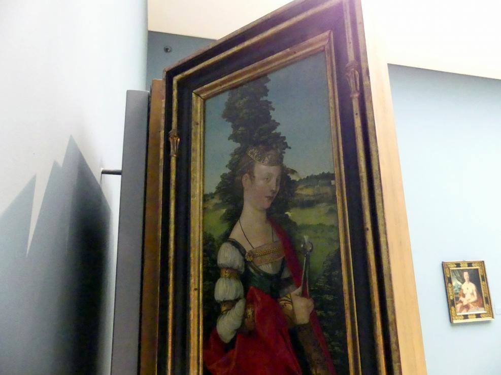 Hans Baldung Grien (1500–1544), Die Marter des hl. Sebastian mit hll. Stephanus, Christophorus, Apollonia und Dorothea, Halle (Saale), Moritzburg, jetzt Nürnberg, Germanisches Nationalmuseum, Saal 111, 1507, Bild 7/10