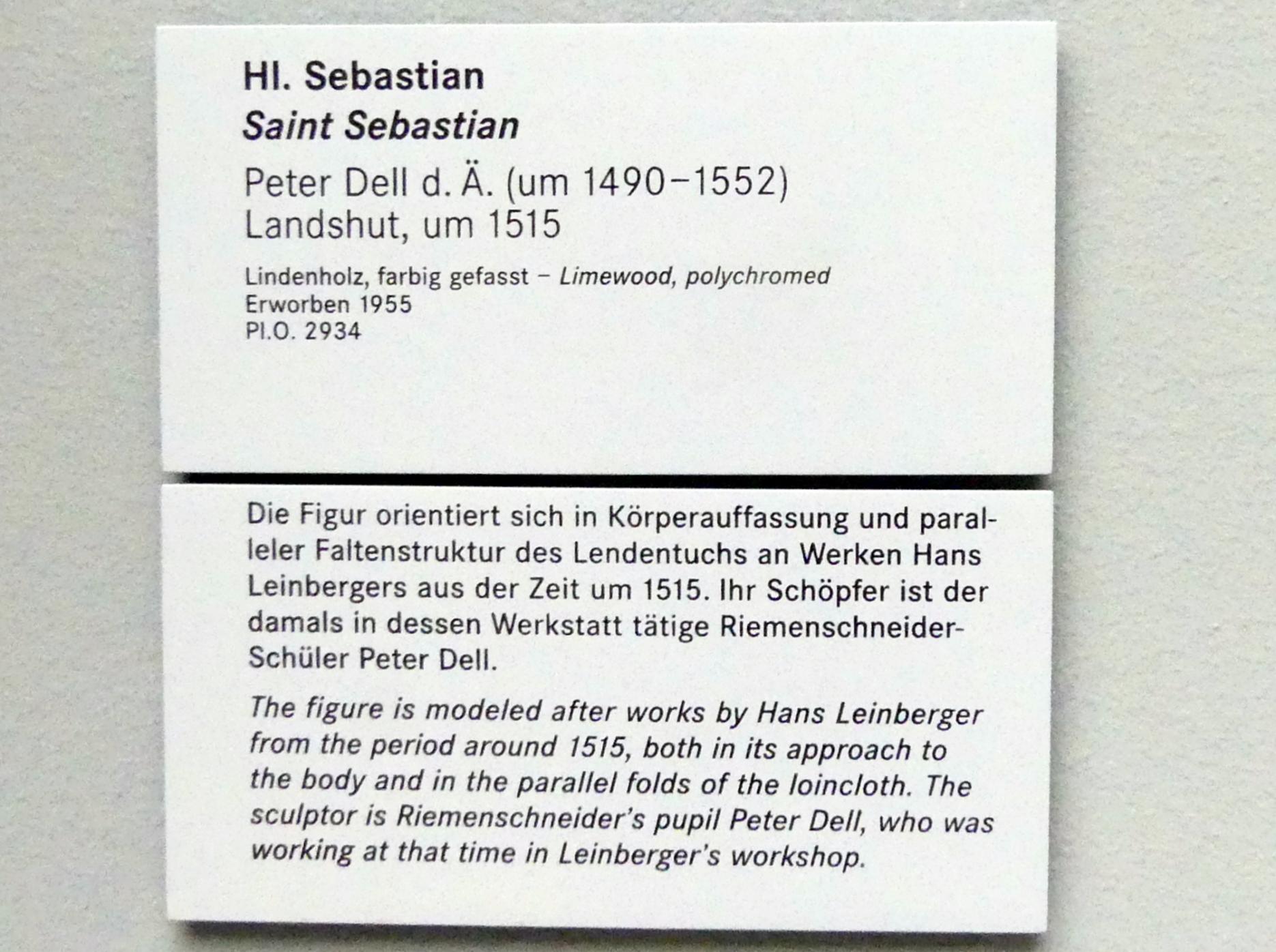 Peter Dell der Ältere (1515–1534), Hl. Sebastian, Nürnberg, Germanisches Nationalmuseum, Saal 112, um 1515, Bild 2/2
