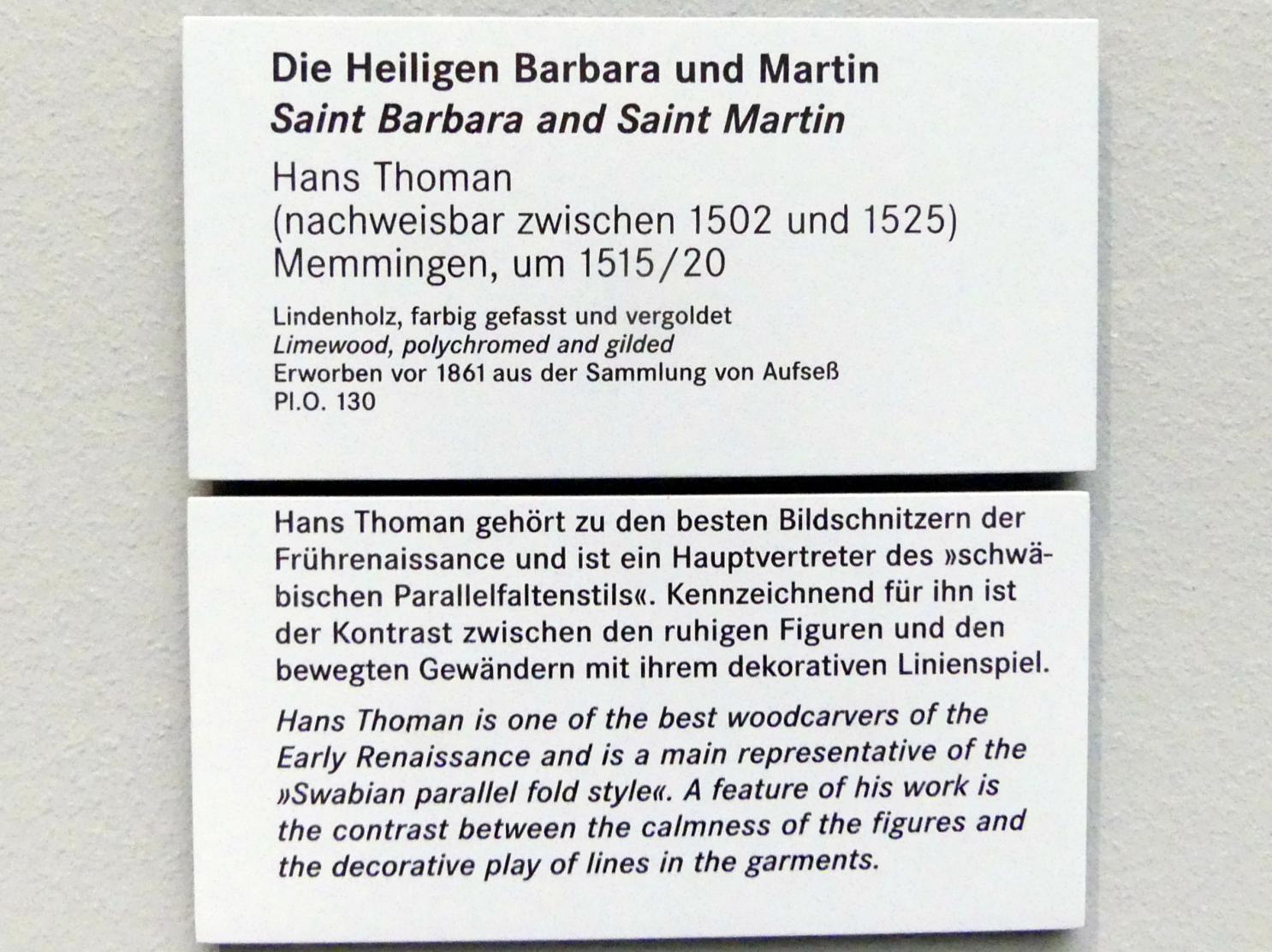 Hans Thoman (1515–1527), Die hll. Barbara und Martin, Nürnberg, Germanisches Nationalmuseum, Saal 112, um 1515–1520, Bild 3/3