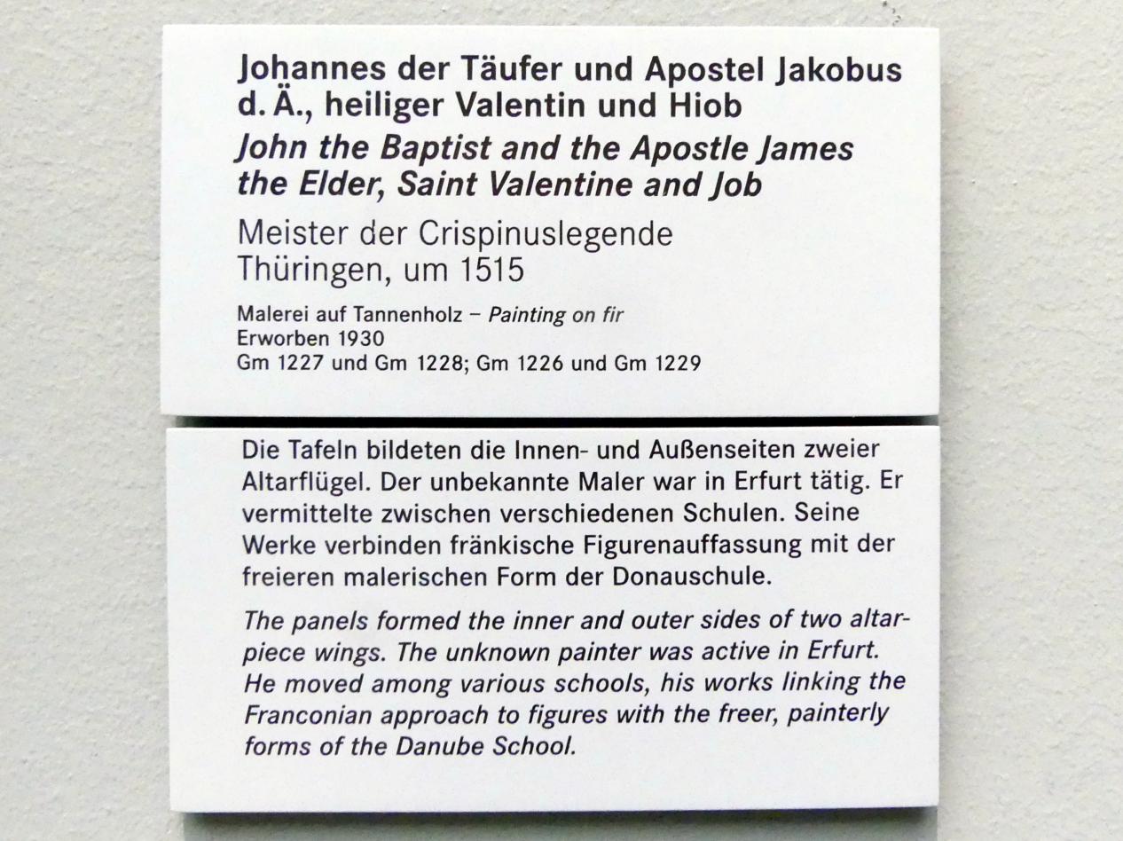 Meister der Crispinuslegende (1515–1520), Johannes der Täufer und Apostel Jakobus d.Ä., Hl. Valentin und Hiob, Nürnberg, Germanisches Nationalmuseum, Saal 112, um 1515, Bild 2/2