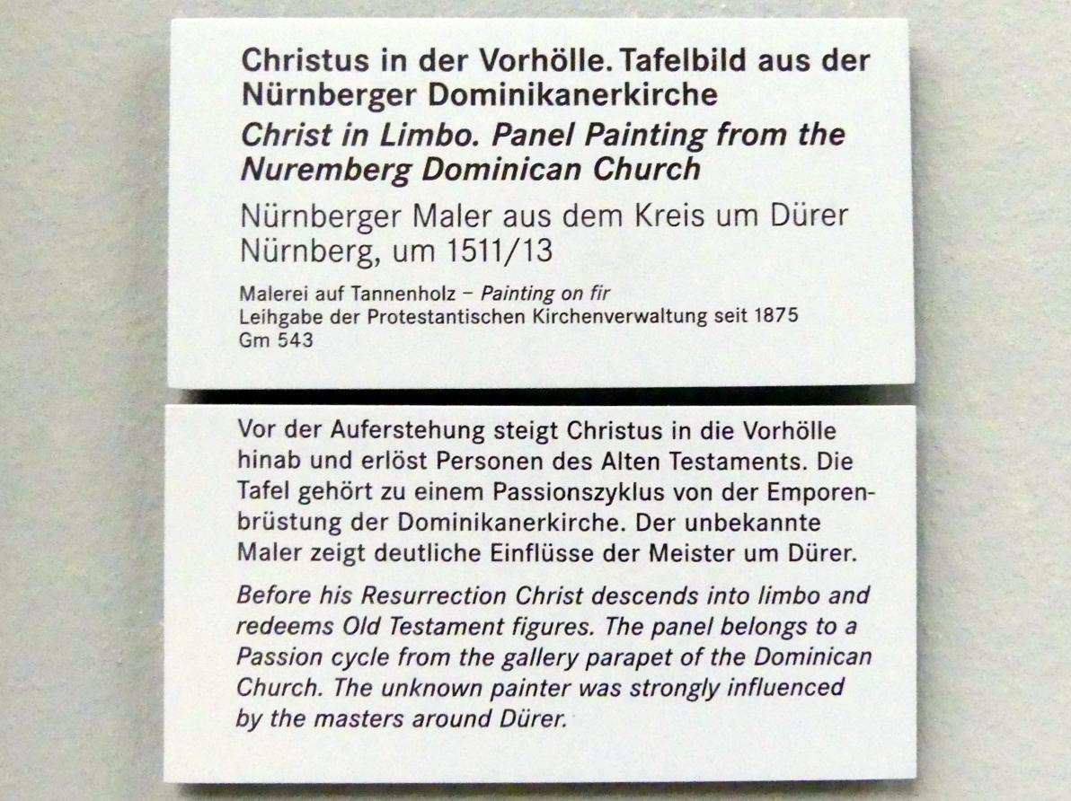 Albrecht Dürer (Umkreis) (1512), Christus in der Vorhölle. Tafelbild aus der Nürnberger Dominikanerkirche, Nürnberg, ehem. Dominikanerkloster St. Marien, jetzt Nürnberg, Germanisches Nationalmuseum, Saal 114, um 1511–1513, Bild 2/2