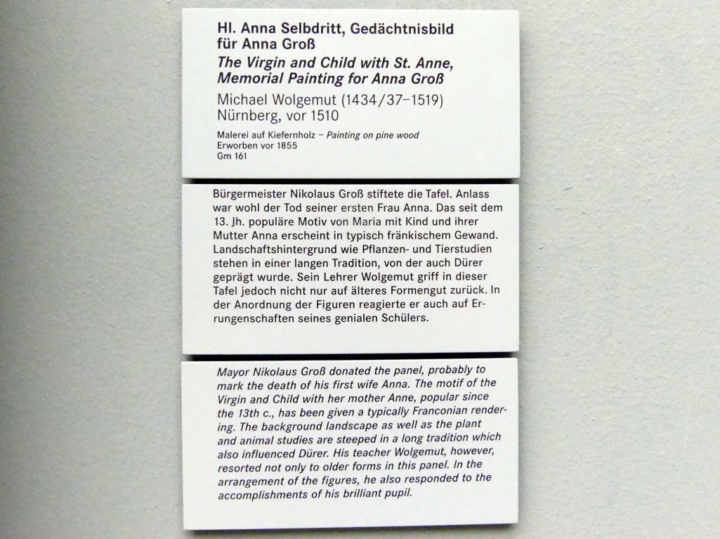 Michael Wolgemut (1485–1509), Hl. Anna Selbdritt, Gedächtnisbild für Anna Groß (gest. 1509), Nürnberg, Germanisches Nationalmuseum, Saal 114, vor 1510, Bild 2/2