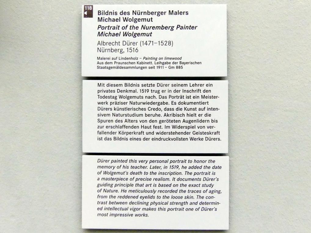 Albrecht Dürer (1490–1526), Bildnis des Nürnberger Malers Michael Wolgemut, Nürnberg, Germanisches Nationalmuseum, Saal 114, 1516, Bild 2/2