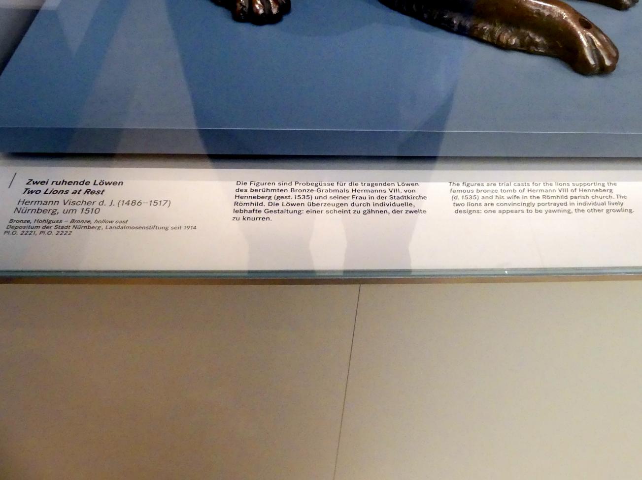 Hermann Vischer der Jüngere (1508–1510), Ruhende Löwen, Römhild, Stiftskirche Jungfrau Maria und Johannes der Täufer, jetzt Nürnberg, Germanisches Nationalmuseum, Saal 114, um 1510, Bild 4/4