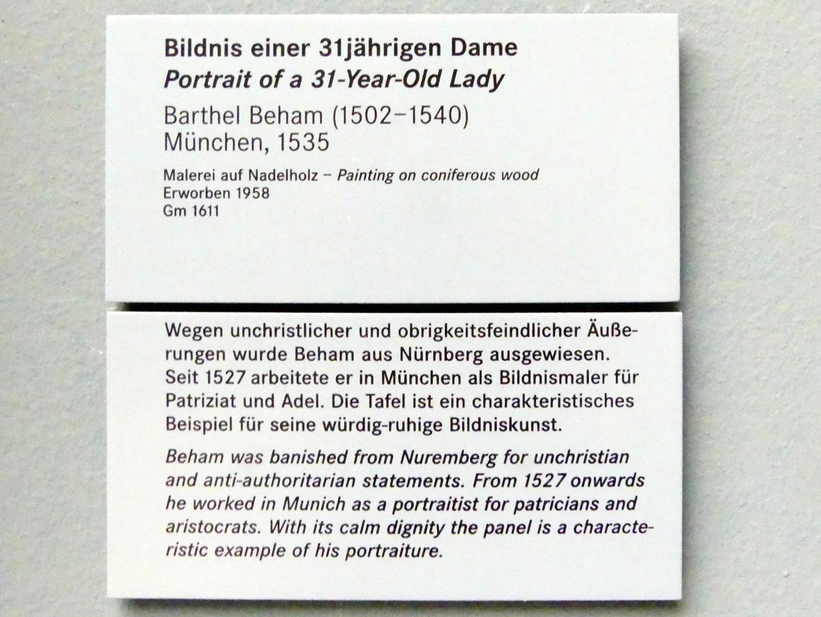 Barthel Beham (1523–1540), Bildnis einer 31-jährigen Dame, Nürnberg, Germanisches Nationalmuseum, Saal 114, 1535, Bild 2/2