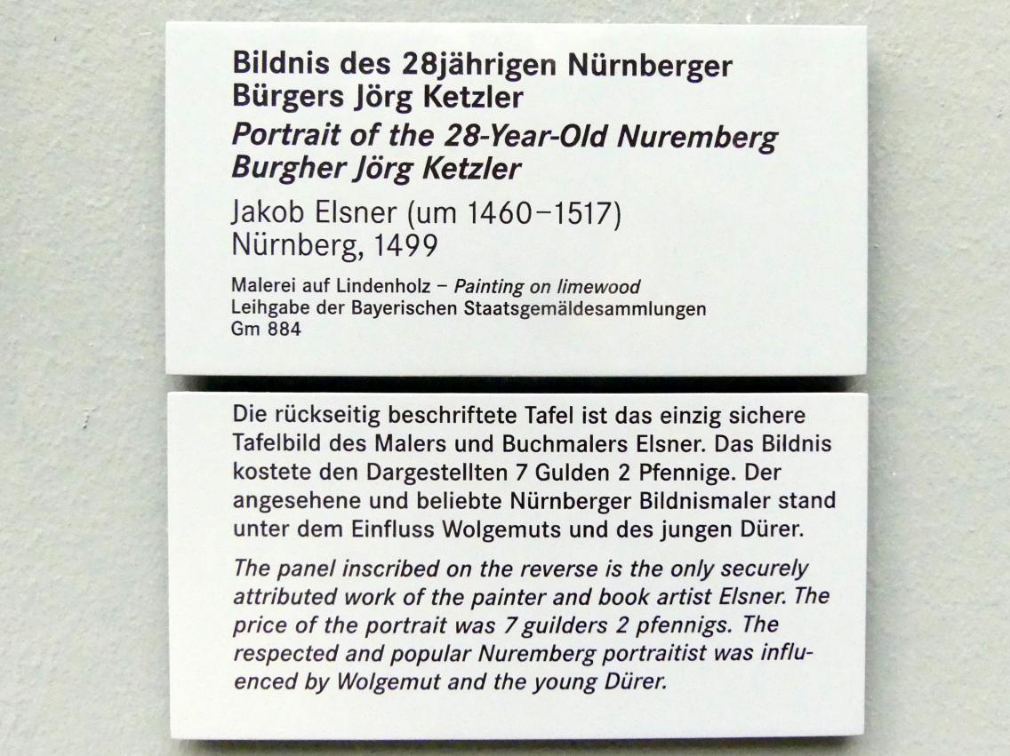 Jakob Elsner (1486–1499), Bildnis des 28-jährigen Nürnberger Bürgers Jörg Ketzler (1471-1529), Nürnberg, Germanisches Nationalmuseum, Saal 114, 1499, Bild 2/2