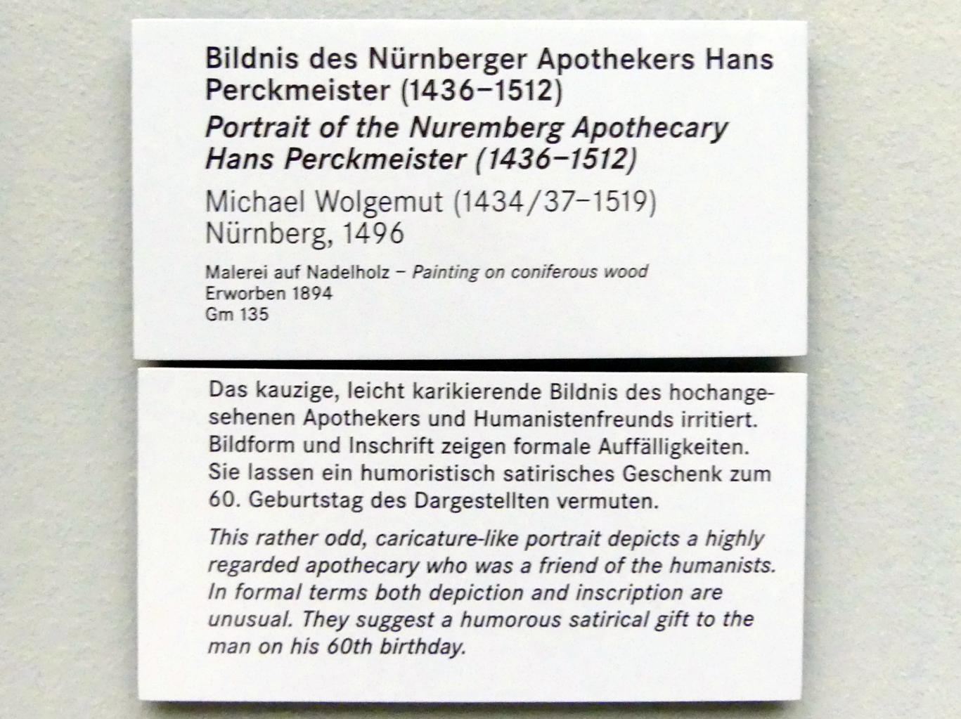 Michael Wolgemut (1485–1509), Bildnis des Nürnberger Apothekers Hans Perckmeister (1436-1512), Nürnberg, Germanisches Nationalmuseum, Saal 114, 1496, Bild 2/2