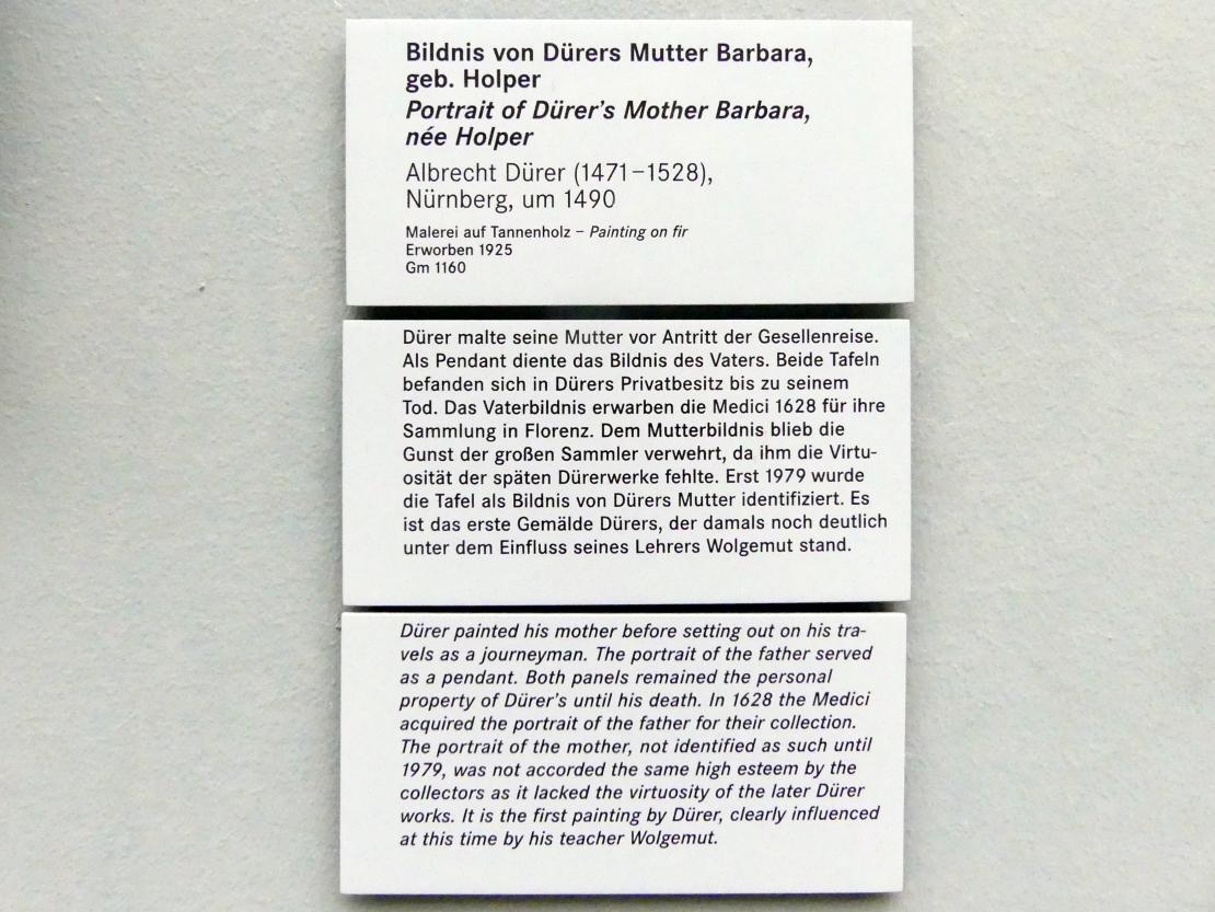 Albrecht Dürer (1490–1526), Bildnis von Barbara Dürer, geb. Holper, Nürnberg, Germanisches Nationalmuseum, Saal 114, um 1490, Bild 2/2