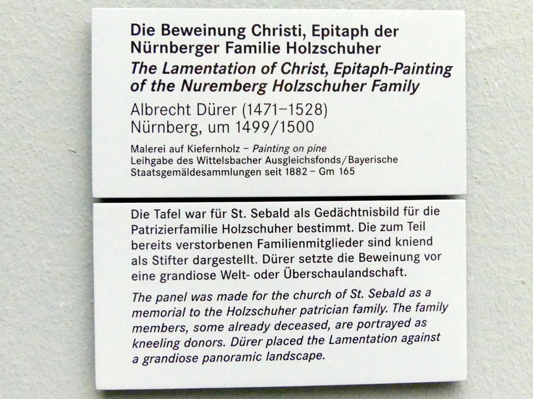 Albrecht Dürer (1490–1526), Die Beweinung Christi. Epitaph der Nürnberger Familie Holzschuher, Nürnberg, Kirche St. Sebald, jetzt Nürnberg, Germanisches Nationalmuseum, Saal 114, um 1499–1500, Bild 2/2