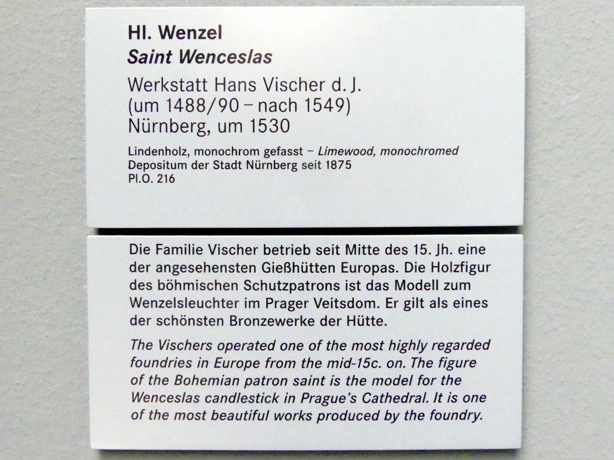 Hans Vischer (Werkstatt) (1505–1550), Hl. Wenzel, Prag-Hradschin, Prager Burg, Veitsdom, jetzt Nürnberg, Germanisches Nationalmuseum, Saal 114, um 1530, Bild 4/4