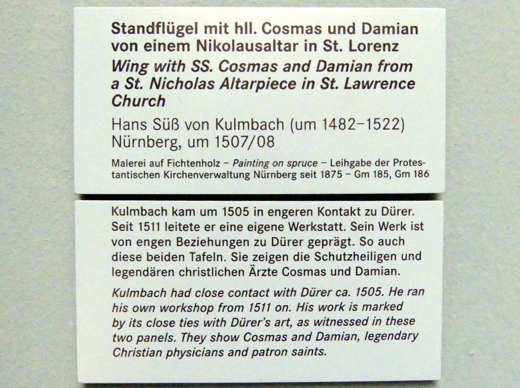 Hans Süß von Kulmbach (1507–1521), Standflügel mit hll. Cosmas und Damian von einem Nikolausaltar der Nürnberger Lorenzkirche, Nürnberg, Kirche St. Lorenz, jetzt Nürnberg, Germanisches Nationalmuseum, Saal 115, um 1507–1508, Bild 2/2
