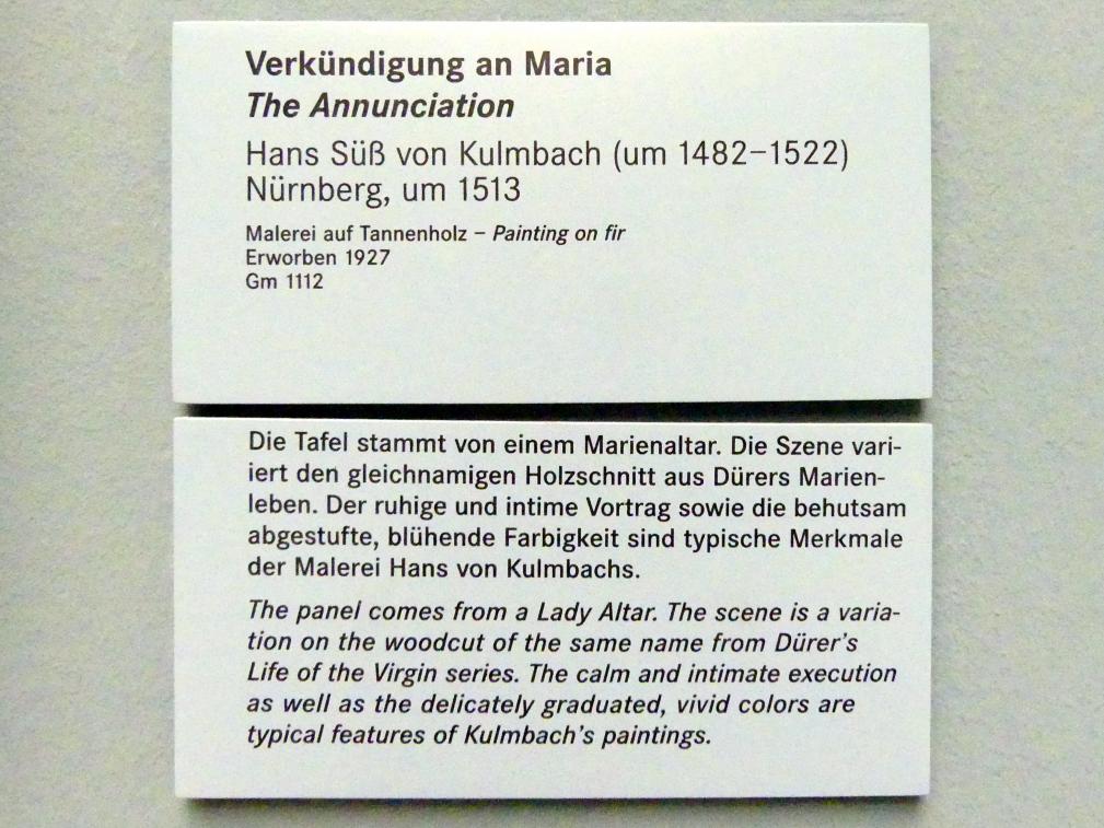 Hans Süß von Kulmbach (1507–1521), Verkündigung an Maria, Nürnberg, Germanisches Nationalmuseum, Saal 115, um 1513, Bild 2/2