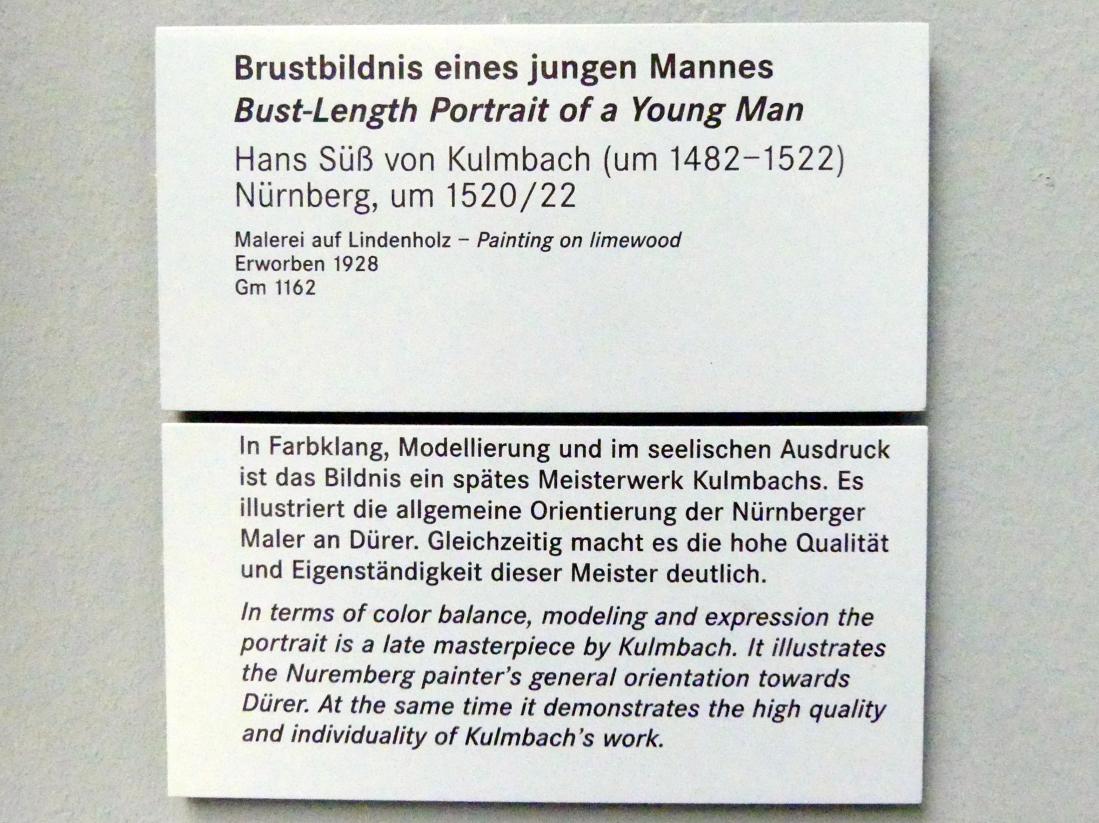 Hans Süß von Kulmbach (1507–1521), Brustbildnis eines jungen Mannes, Nürnberg, Germanisches Nationalmuseum, Saal 115, um 1520–1522, Bild 2/2