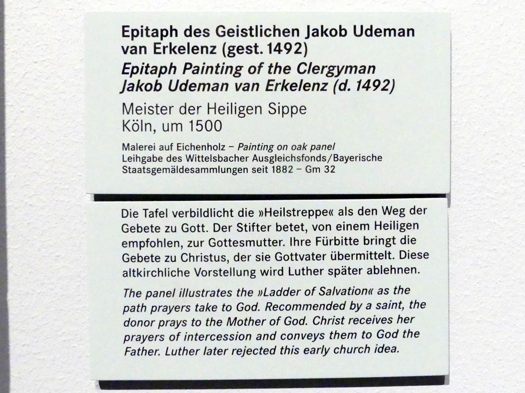 Meister der heiligen Sippe (1420–1500), Epitaph des Geistlichen Jakob Udeman van Erkelenz (gest. 1492), Nürnberg, Germanisches Nationalmuseum, Saal 116, um 1500, Bild 2/2