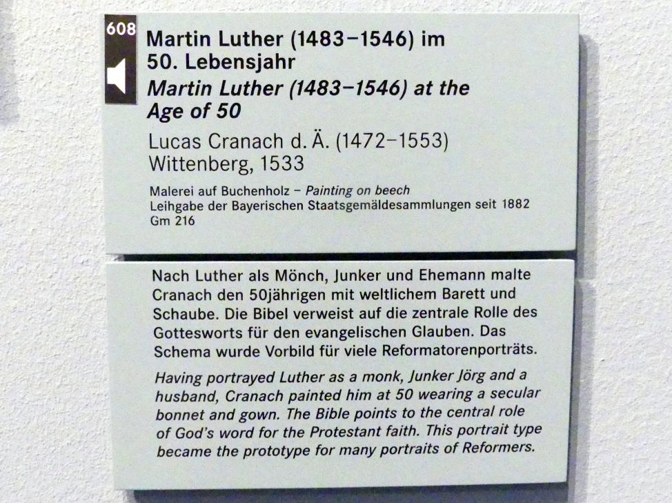 Lucas Cranach der Ältere (1502–1550), Martin Luther (1483-1546) im 50. Lebensjahr, Nürnberg, Germanisches Nationalmuseum, Saal 117, 1533, Bild 2/2