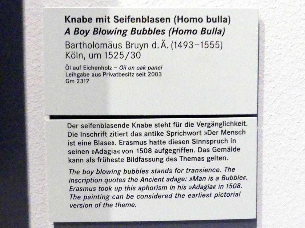Bartholomäus Bruyn der Ältere (1513–1546), Knabe mit Seifenblasen (Homo bulla), Nürnberg, Germanisches Nationalmuseum, Saal 121, um 1525–1530, Bild 2/2