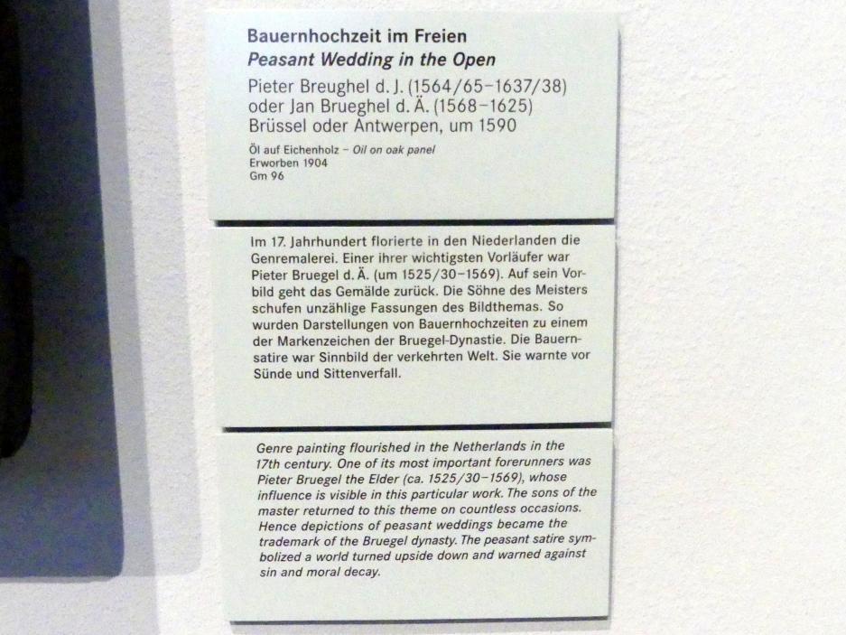 Pieter Brueghel der Jüngere (Höllenbrueghel) (1587–1634), Bauernhochzeit im Freien, Nürnberg, Germanisches Nationalmuseum, Saal 122, um 1590, Bild 2/2