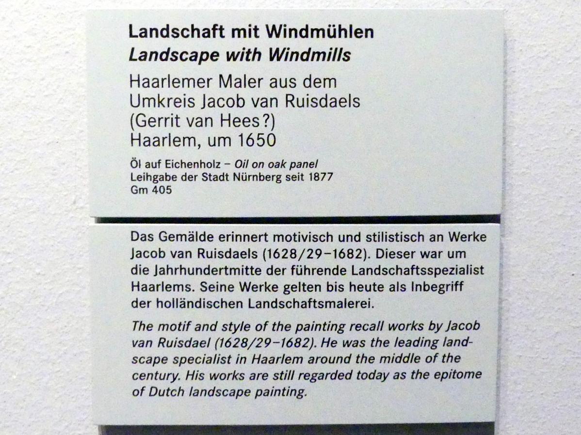 Jacob van Ruisdael (Umkreis) (1650), Landschaft mit Windmühlen, Nürnberg, Germanisches Nationalmuseum, Saal 123, um 1650, Bild 2/2