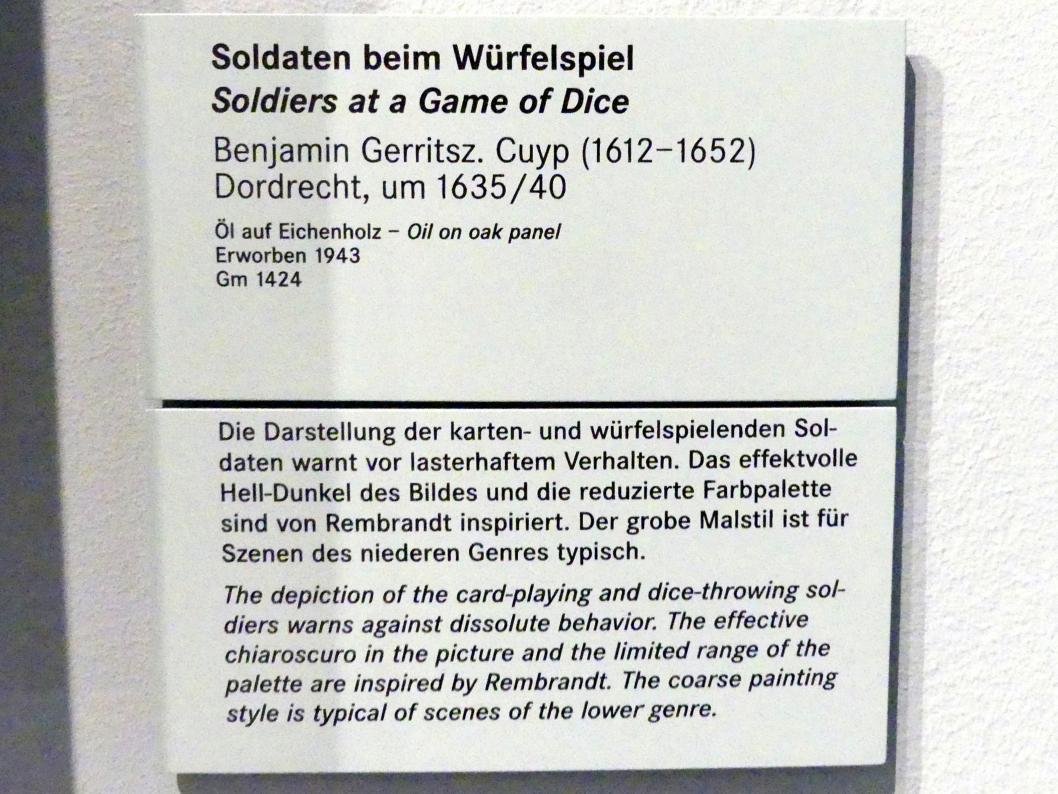 Benjamin Gerritsz. Cuyp (1635–1645), Sodaten beim Würfelspiel, Nürnberg, Germanisches Nationalmuseum, Saal 123, um 1635–1640, Bild 2/2