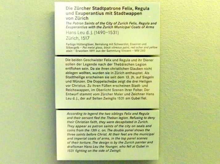 Hans Leu der Jüngere (1510–1517), Die Zürcher Stadtpatrone Felix, Regula und Exuperantius mit Stadtwappen von Zürich, Nürnberg, Germanisches Nationalmuseum, Saal 124, 1517, Bild 2/2