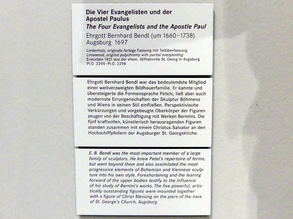 Ehrgott Bernhard Bendl (1690–1730), Der Apostel Paulus, Augsburg, ehem. Augustiner-Chorherrenkloster, ehem. Stiftskirche, heute Pfarrkirche St. Georg, jetzt Nürnberg, Germanisches Nationalmuseum, Saal 127, 1697, Bild 3/3