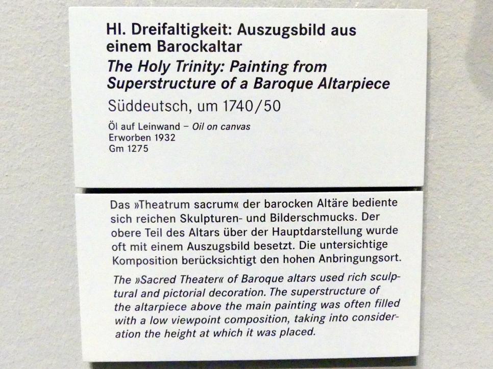 Auszugsbild eines Altars mit der Darstellung der hl. Dreifaltigkeit, Nürnberg, Germanisches Nationalmuseum, Saal 128, um 1740–1750, Bild 2/2