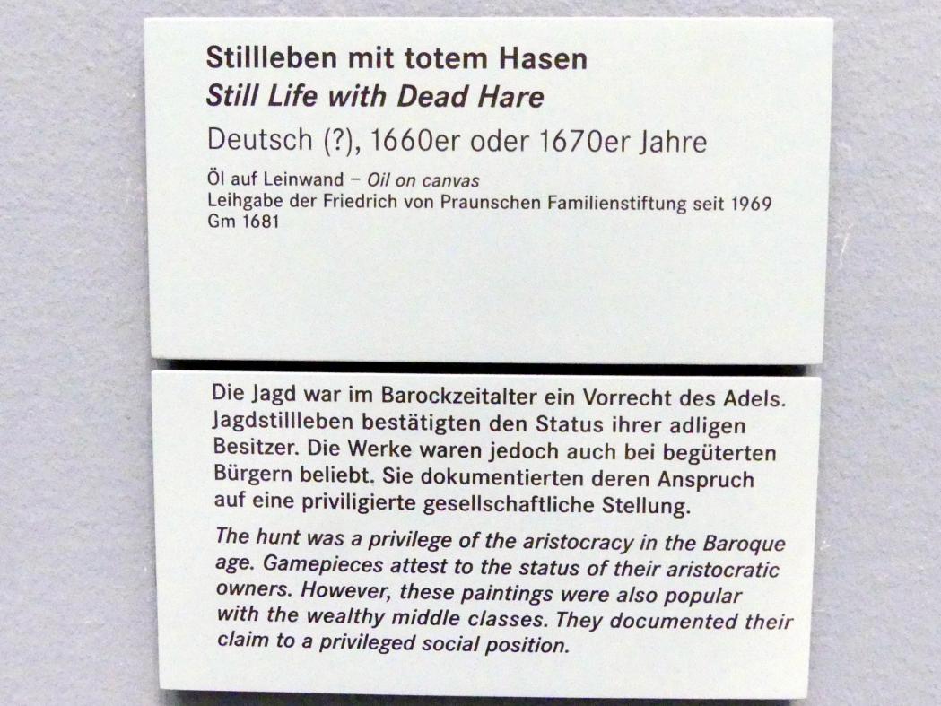 Stillleben mit totem Hasen, Nürnberg, Germanisches Nationalmuseum, Saal 129, um 1660–1680, Bild 2/2