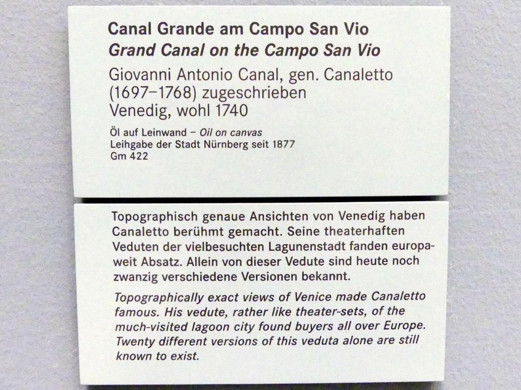 Giovanni Antonio Canal ("Canaletto") (1722–1765), Canal Grande am Campo San Vio, Nürnberg, Germanisches Nationalmuseum, Saal 129, 1740, Bild 2/2