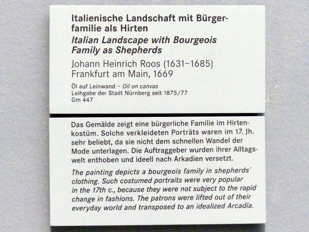 Johann Heinrich Roos (1660–1685), Italienische Landschaft mit Bürgerfamilie als Hirten, Nürnberg, Germanisches Nationalmuseum, Saal 129, 1669, Bild 2/2