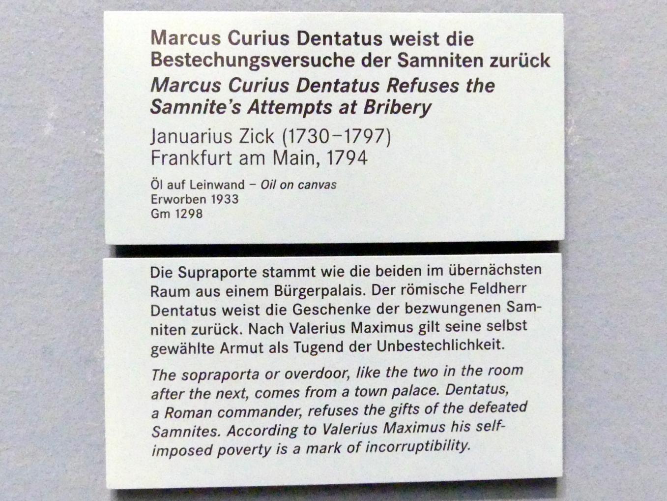 Januarius  Zick (1752–1794), Marcus Curius Dentatus weist die Bestechungsversuche der Samniten zurück, Nürnberg, Germanisches Nationalmuseum, Saal 129, 1794, Bild 2/2