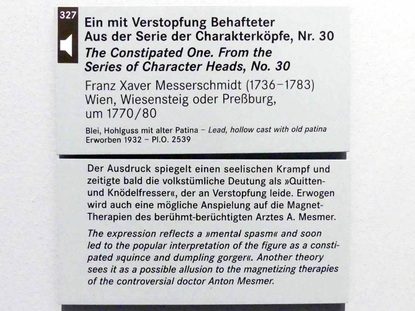 Franz Xaver Messerschmidt (1760–1778), Ein mit Verstopfung Behafteter, aus der Serie der Charakterköpfe, Nr. 30, Nürnberg, Germanisches Nationalmuseum, Saal 130, um 1770–1780, Bild 2/2