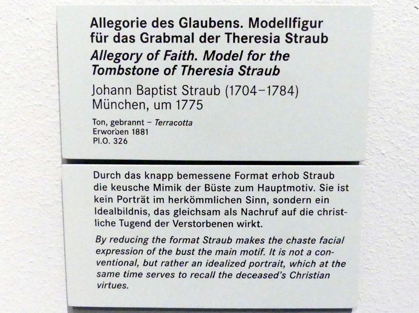Johann Baptist Straub (1731–1777), Allegorie des Glaubens. Modellfigur für das Grabmal der Theresia Straub (gest. 1774), Nürnberg, Germanisches Nationalmuseum, Saal 130, um 1775, Bild 2/2
