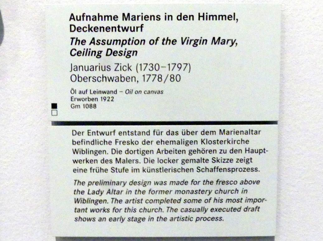 Januarius  Zick (1752–1794), Aufnahme Mariens in den Himmel, Deckenentwurf, Wiblingen, ehem. Benediktinerabtei, ehem. Klosterkirche, heute Pfarrkirche St. Martin, jetzt Nürnberg, Germanisches Nationalmuseum, Saal 133, 1778–1780, Bild 2/2