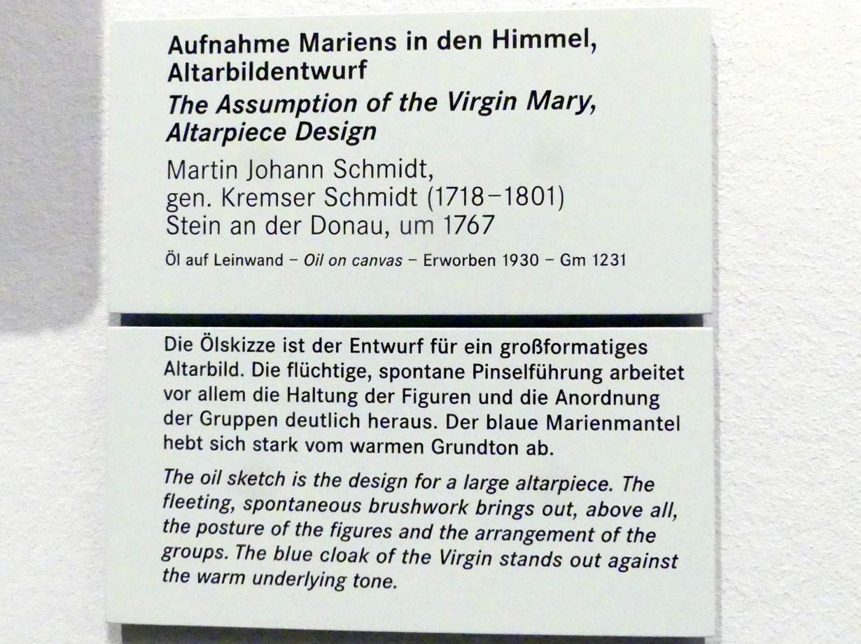 Martin Johann Schmidt (Kremser Schmidt) (1756–1790), Aufnahme Mariens in den Himmel, Altarbildentwurf, Nürnberg, Germanisches Nationalmuseum, Saal 133, um 1767, Bild 2/2