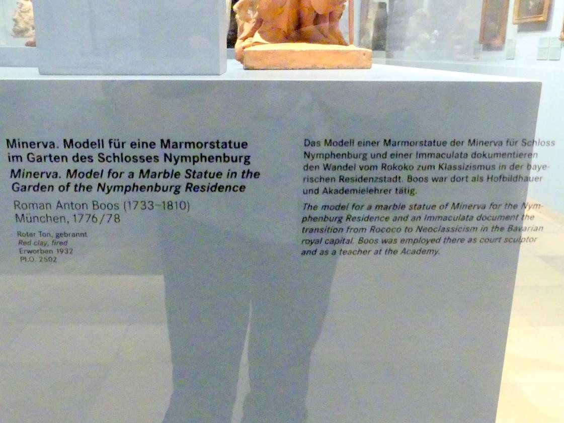 Roman Anton Boos (1767–1790), Minerva. Modell für eine Marmorstatue im Garten des Schlosses Nymphenburg, München, Schloss Nymphenburg, jetzt Nürnberg, Germanisches Nationalmuseum, Saal 133, um 1776–1778, Bild 2/2