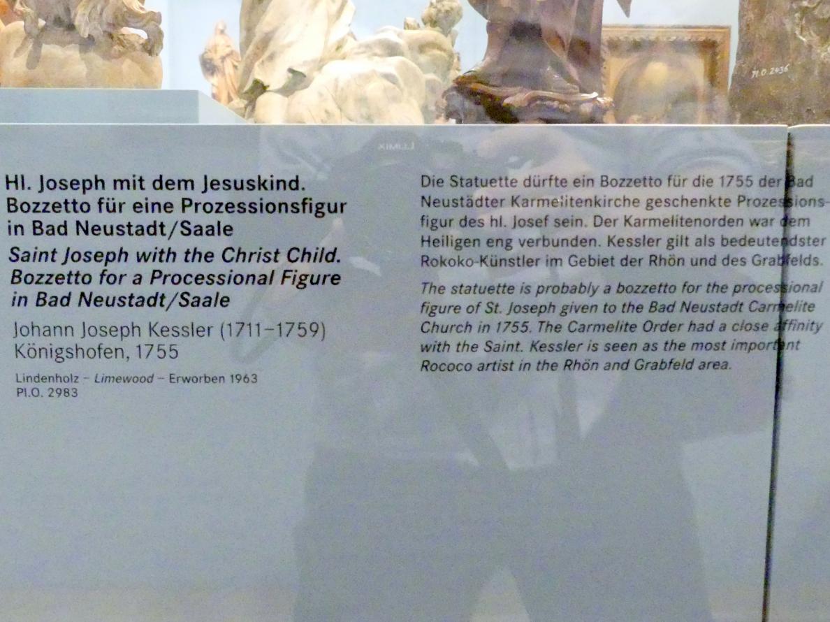 Johann Joseph Kessler (1747–1757), Hl. Joseph mit dem Jesuskind. Bozzetto für eine Prozessionsfigur aus der Karmeliterkirche Bad Neustadt/Saale, Neustadt an der Saale, ehem. Karmelitenkloster, ehem Klosterkirche, heute Pfarrkirche Mariä Himmelfahrt, jetzt Nürnberg, Germanisches Nationalmuseum, Saal 133, 1755, Bild 2/2